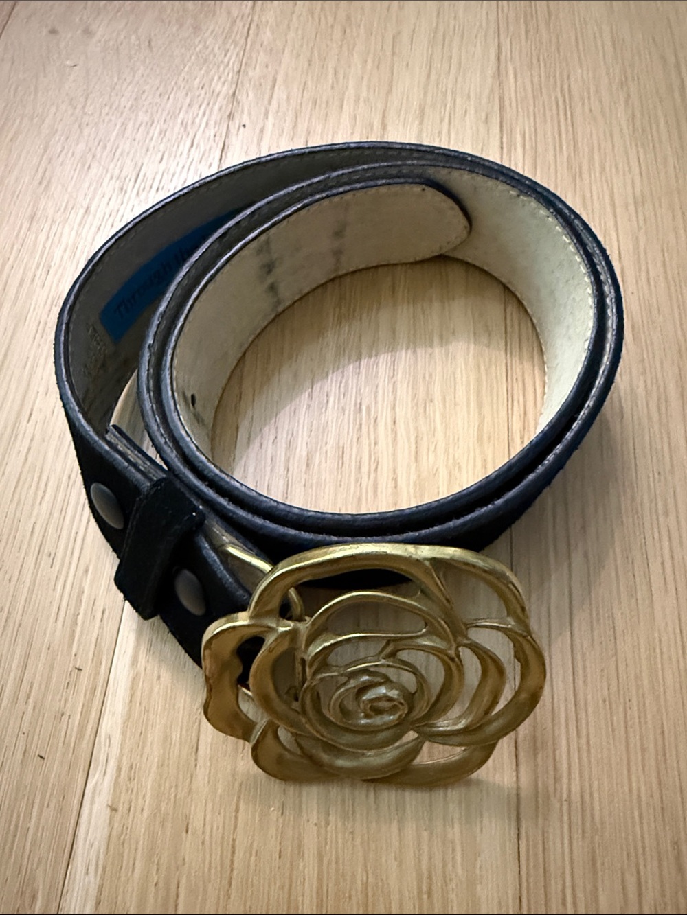 Black Leather Belt with Gold Floral Buckle
